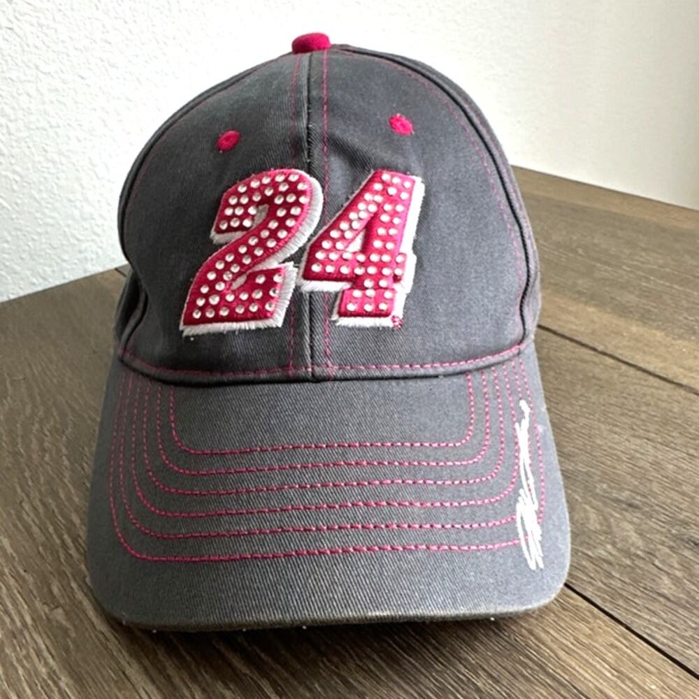 Jeff Gordon 24 Hat Women OS Gray Pink Rhinestone NASCAR Y2K Cap